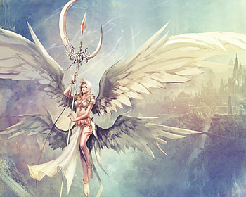 The Guardian, wings, city, fantasy, angel, spear HD wallpaper