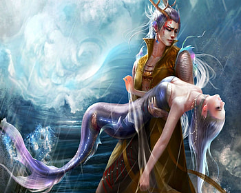 Mermaid rescue, blue, mermaid, art, man, girl, tail, woman, purple, fantasy, couple, fish HD wallpaper