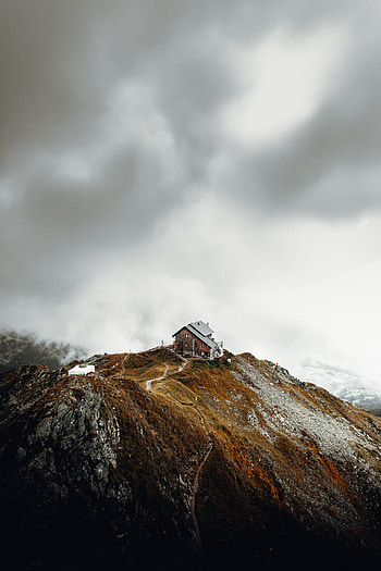 Nature, Clouds, Rocks, House, Path, Cliff HD phone wallpaper
