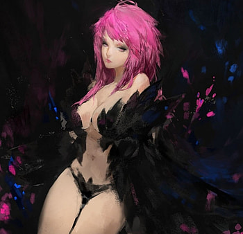 Gothic Lady, black, long hair, beauty, lady, petals, cape, female, sweet, girl, bikini, beautiful, pink hair, woman, anime girl, pink, anime, pretty, lovely HD wallpaper