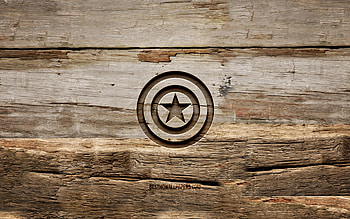 Captain America wooden logo, , wooden backgrounds, superheroes, Captain America logo, creative, wood carving, Captain America HD wallpaper