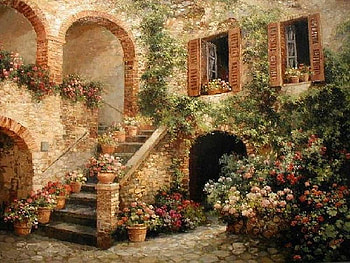 Garden Leading Up, flower pots, arches, windows, brick, steps, bushes, vines HD wallpaper
