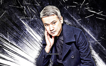 Satoshi Tomiie, grunge art, music stars, japanese DJs, Tomiie Satoshi, blue abstract rays, japanese celebrity, Satoshi Tomiie HD wallpaper