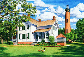 Currituck Afternoon, artwork, ducks, lighthouse, painting, coast, clouds, cottage, sky HD wallpaper