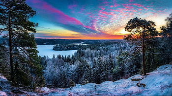 River in Winter, Finland, sky, sunset, snow, landscape, colors, trees HD wallpaper