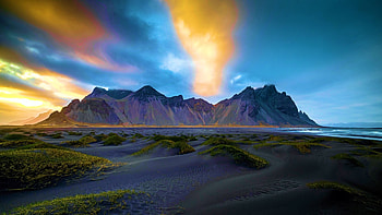 Vestrahorn at sunset from the dunes on Stokksnes, clouds, landscape, iceland, colors, sky HD wallpaper