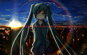 Hatsune Miku, horizon, awesome, sunrise, nice, skyscrapers, hatsune, twintail, girl, singer, aqua, star, anime, pretty, virtual, blue, colorful, song, cute, vocaloid, beauty, miku, buildings, music, vocaloids, thighhighs, sun, program, skirt, city, beautiful, diva, tie, rainbow, red, cool, clouds, blushing, sky, idol HD wallpaper