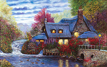 Sunset Cottage, artwork, river, painting, house, clouds, trees, sky, pond HD wallpaper