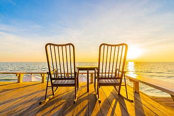 Beautiful tropical beach and sea, Sunset, Balcony, Sea, Table, Chairs HD wallpaper