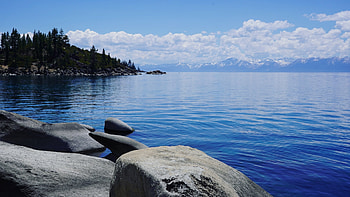 Lake Tahoe, clouds, trees, sky, water, rocks, usa, stones HD wallpaper