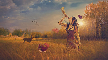 Wild autumn, deer, animal, fantasy, autumn, girl, toamna, orange, annewipf HD wallpaper