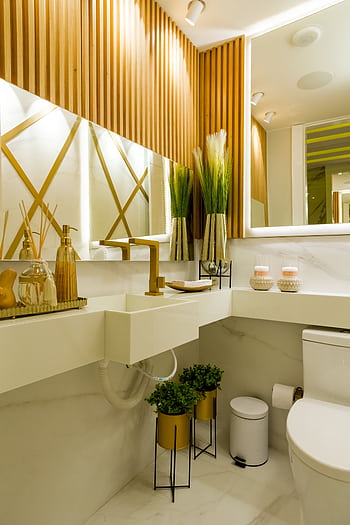 Elegant bathroom interior featuring modern decor and stylish fixtures. HD phone wallpaper