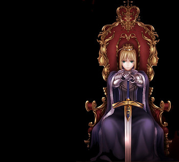 King Arthur, chair, blond hair, black, excalibur, blonde, cute, knight, fate stay night, long hair, royalty, crown, sinister, blonde hair, female, sexy, blond, sword, throne, hot, girl, dark, armor, blade, anime girl, saber, anime, king, serious HD wallpaper
