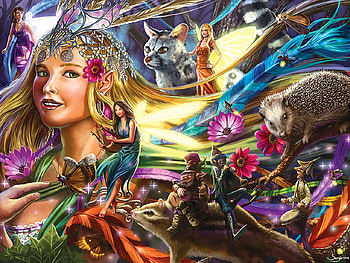 Fantasy, fairy, animal, flower, hedgehog, cat, girl, squirrel HD wallpaper