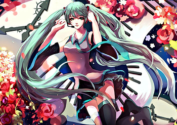 Hatsune Miku, blue, ren fei, girl, vocaloid, rose, anime, flower, red, manga HD wallpaper