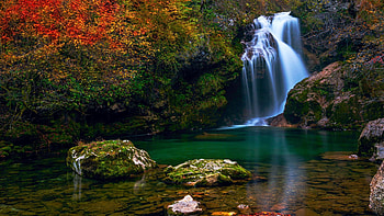 Waterfall Šum at Bled Gorge, Slovenia, river, leaves, fall, autumn, trees, colors, stones HD wallpaper
