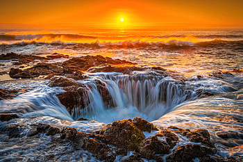 Sunset on Thor's Well, Oregon, nature, ocean, usa, sunset HD wallpaper