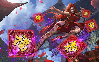 Nian Guardian, blue, heroes of newerth, girl, woman, purple, pink, fantasy, red, game, redhead HD wallpaper