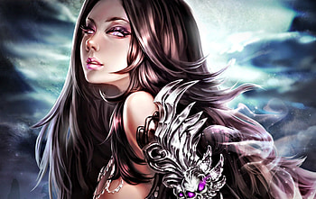 Fantasy girl, blue, amethyst eyes, pink, fantasy, skull, girl, woman, warrior HD wallpaper