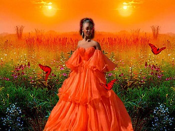 Delicate Orange, bold, girl, orange, gown, colorful, vibrant, butterflies, vivivd, bright, yellow, green HD wallpaper