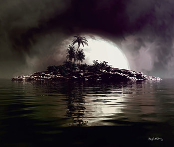Art, Sea, Palms, Island, Full Moon HD wallpaper