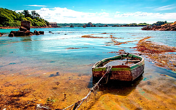 AN OLD BOAT, boat, shore, abandoned, tied, lake HD wallpaper