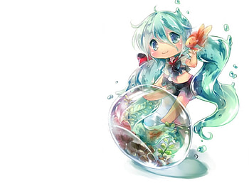 Bottle Miku, cute, long hair, nice, miku, chibi, hatsune, twintails, , adorable, fish, water, female, plain, sweet, white, hatsune miku, girl, bottle, kawaii, anime girl, simple, anime, jar, goldfish, pretty, aqua hair, lovely HD wallpaper