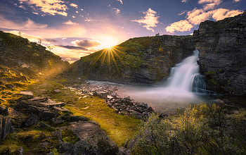 Beautiful Waterfall And Sunrise, waterfall, sunrise, nature HD wallpaper