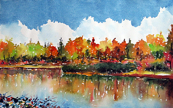 Autumn reflection painting, river, painting, art, autumn, sky, nature, cloud, tree HD wallpaper