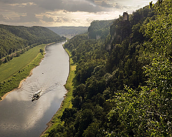 The River Elbe,Germany, river, mirror, boat, horizon, rocks, valley, clouds, trees, germany, nature, elbe HD wallpaper