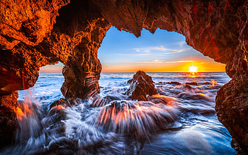 Malibu Sea Cave Sunset, Sunset, Rocks, Ocean, California HD wallpaper