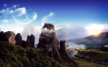 Fantasy Landscape, river, fantasy, house, mountains, moons HD wallpaper