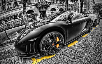 Lamborghini Gallardo, R, supercars, street, monochrome, hypercars, Black Gallardo, italian cars, Lamborghini HD wallpaper