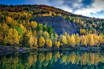 Autumn mountain, Rock, Forest, Trees, Lake, Nature, Mountains, Autumn, Poland HD wallpaper