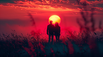 Radiant Love Couple Standing In Sunset, couple, love, sunset, sunrise, artist, artwork, digital-art HD wallpaper