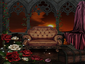 SUNSET, WHITE, FLOWERS, DRAPE, ROSES, CHAIR, RED HD wallpaper