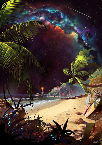 Art, Beach, Sand, Palms, Starry Sky, Lighthouse HD phone wallpaper