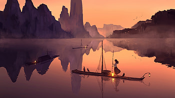 Girl Boat Valley Birds Evening Sale , boat, artist, artwork, digital-art, nature HD wallpaper