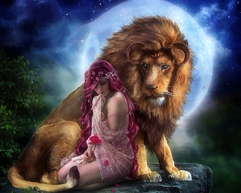 ~Beautiful & the Beast~, weird things people wear, digital art, beautiful, lion, woman, creative pre-made, love four seasons, fantasy, manipulation, models, moons HD wallpaper