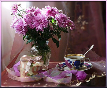 Still life, color, tea, teatime, beauty, purple, autumn, nature, flowers, chrysanthemum HD wallpaper