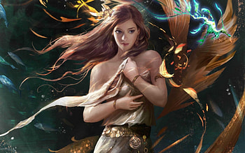 Mermaid, blue, sea, man, girl, woman, fantasy, seahorse, game, underwater, legend of the cryptids, redhead, ocean HD wallpaper