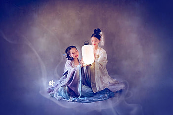 Beauties, blue, model, asian, light, couple, girl, lantern HD wallpaper