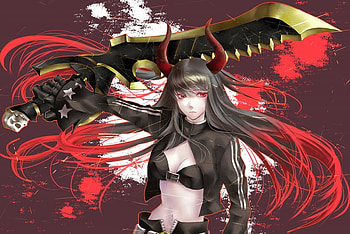 Black Gold Saw, games, red eyes, red hair, long hair, brs, lone, female, sword, horns, bikini top, jacket, black rock shooter, girl, anime girl, anime, video games, solo HD wallpaper