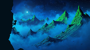 Birds, Art, Mountains, Night, Moon, Silhouette, Fog, Girl, Alpinist, Rock Climber HD wallpaper