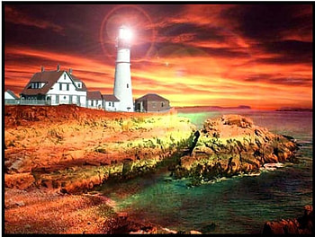 Lighthouse Bay, lighthouse, sunset sky, art, house, rocks, ocean HD wallpaper