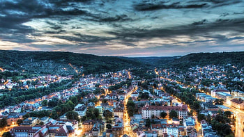 beautiful city of jena in germany at dusk r, hills, city, valley, lights, r, dusk HD wallpaper