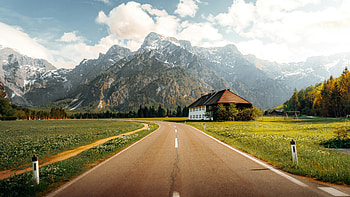 Road To The Almsee In Austria, austria, sky, clouds, cloud, tree, road, house, nature HD wallpaper