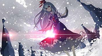 Kamishirasawa Keine, winter, glow, long hair, dress, snow, snowing, trees, Keine, female, girl, Kamishirasawa, grey sky, anime, light, white hair, long white hair, clouds, manga HD wallpaper