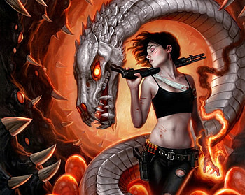 spellbent, magic, fantasy, red, dragon, girl, gun, fire HD wallpaper
