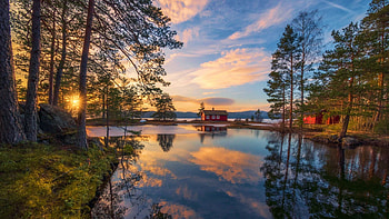 Ringerike, Norway, trees, clouds, colors, sky, water, sunset, cabin, reflections, landscape HD wallpaper